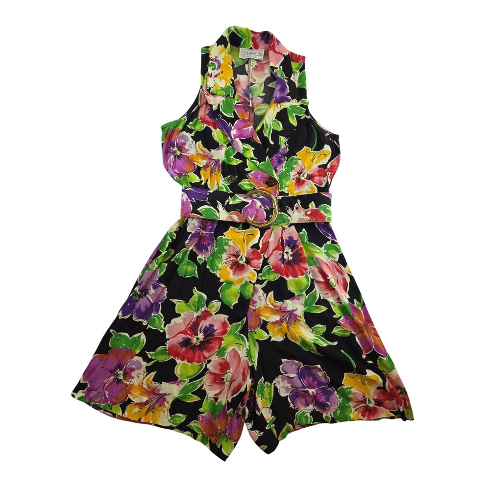 Women's Vintage Rampage Sleeveless Jumpsuit Black Bright Color Floral shorts 7/8